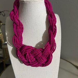 Elegant Seed Bead Necklace Braided Bib Pink Statement Silver Tone 9” EUC